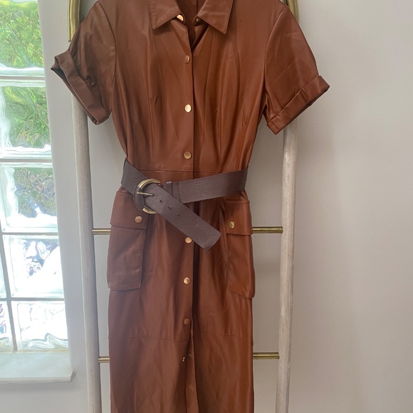 Zara Faux Leather Button Down Big Pockets Belted Brown Dress Short Sleeves Sz XS - Picture 7 of 9